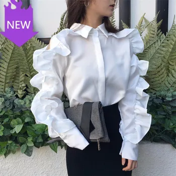 

Zipper Long Sleeve Blouse Women 2020 Spring Korean Clothes Off Shoulder Shirt Female Ruffles Patchwork Lapel Collar