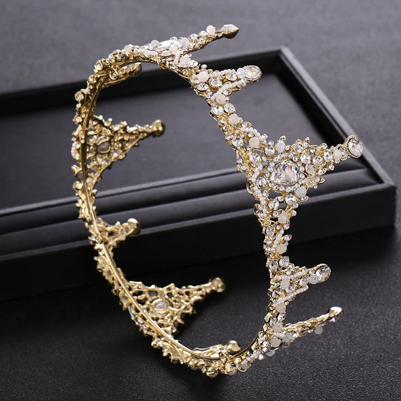 Bridal Wedding Crown Gold Rhinestone Crystal Crown Princess Round Crown Handmade Wedding Hair Accessories Bridal Wedding Crown