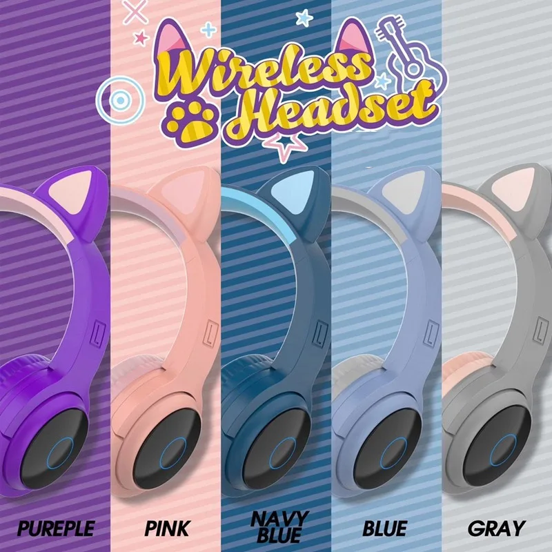 LED Cat Ear Headphones Cute Kids Bluetooth Headset with MIC for Handsfree Boys Girls Birthday Gifts Stereo Music Headsets