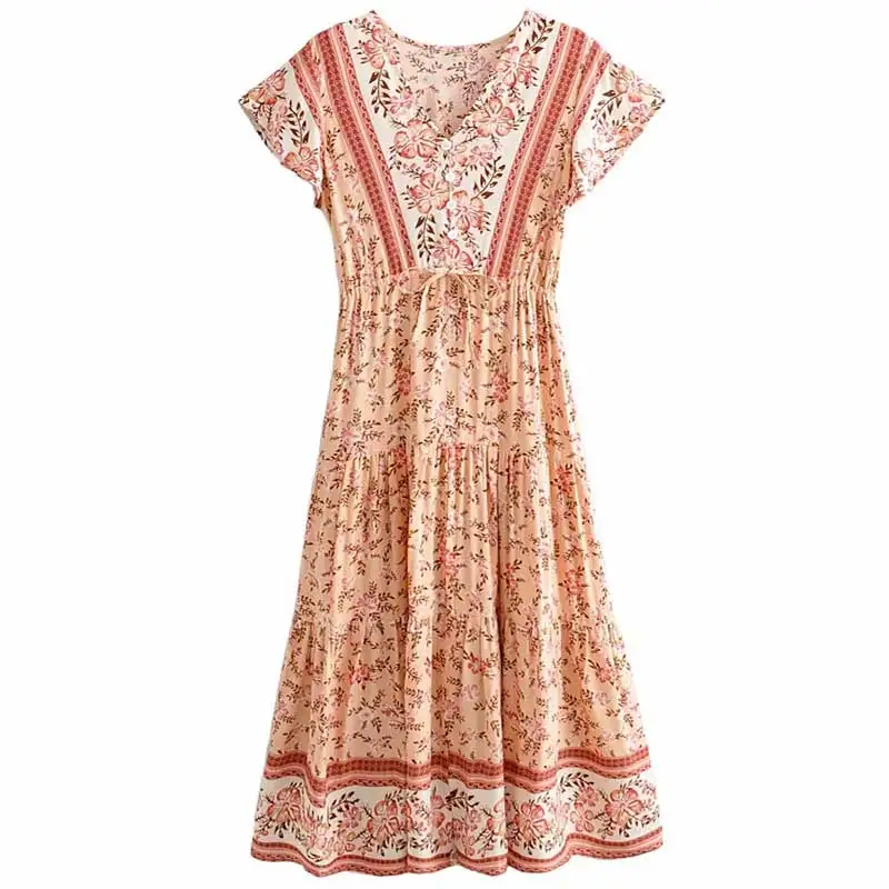 Богемный Вдохновленный персиковый принт Макси платье эластичная талия Rayon. новое летнее платье для женщин Повседневное длинное бохо платье Шик vestidos