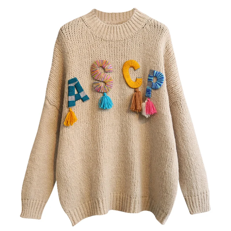 Neploe Pull Femme Женский пуловер с длинным рукавом и круглым вырезом свитер осень зима 3D буквы вышивка кисточкой вязаный джемпер 55802