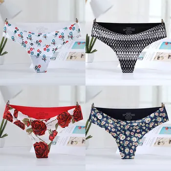 

2020 Women G String Thong Sexy Silk Underwear Printed Flower Lace Briefs Panties Transparent Super Thin Hollow Thongs Plus Size