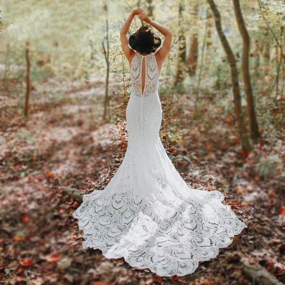 

UMK 2020 Elegant Mermaid Boho Wedding Dress Lace Vestido De Noiva Romantic Beach Wedding Gowns Advanced customization