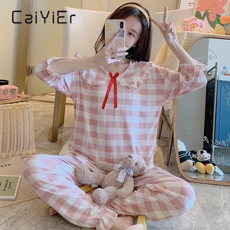 

CAIYIER Spring and Autumn Long-Sleeved Pants Women Pajamas Sweet Cute Printed Loose Doll Collar Sleepwear Suit Leisure Homewear