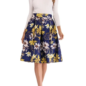

Print Floral Women Midi Skirt Blue Ball Gown Knee-Length 2020 Flower Skirts for Woman 50s Retro High Waist Summer Pleated Skirt