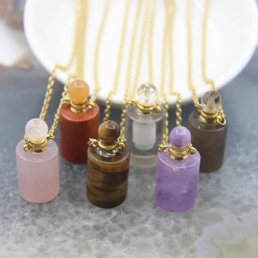 

Cylindrical Natural White Quartz/Amethysts/Tiger Eye Perfume Bottle,Golden Chains Essential Oil Diffuser Vial Pendants Necklace