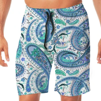 

Men Casual Summer Hawaiian Beach Pants Half Trousers Blue Paisley Pattern