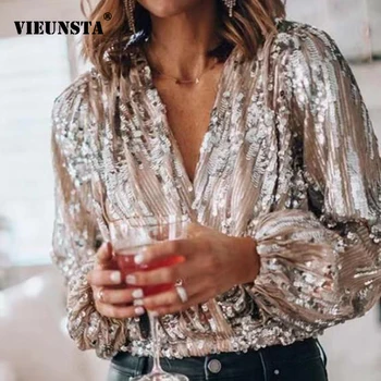 

Plus Size Women Blouses Summer V-neck Glitter Sequined Shirt 2020 Spring Lantern Long Sleeve Elastic Tunic Party Club Wear Tops