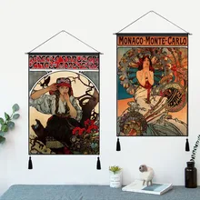Monaco Monte Carlo Alphonse María Mucha Vintage tela colgante algodón línea pintura cartel decoración del hogar pared colgante tapiz regalo