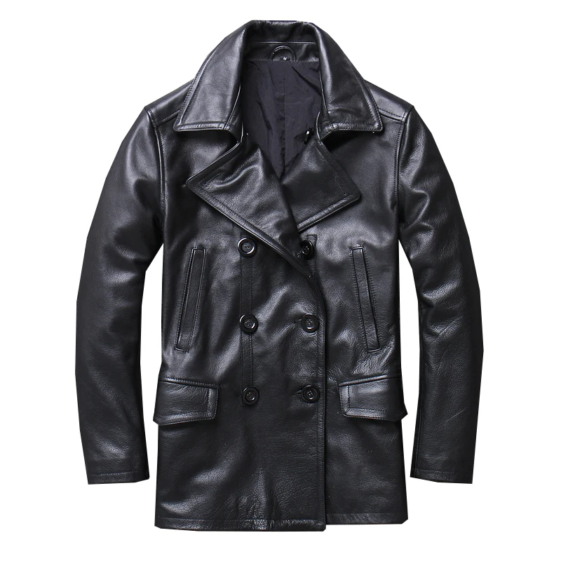 

Mens Genuine Leather Jackets and Coats Real Cow Cowhide Luxury Trench Style Double Breasted Autumn Winter Outerwear Overcoat Men