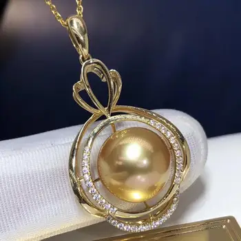 

Fine Jewelry 18K Yellow Gold Natural Ocean Golden Pearl 13-14mm Pendant Necklaces for Women FIne Pearls Pendants