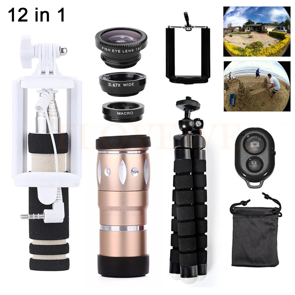 

12in1 mobile lens kit for smartphone set notebook tripod10X telephoto zoom lens telescope wide angle macro fisheye lens assembly