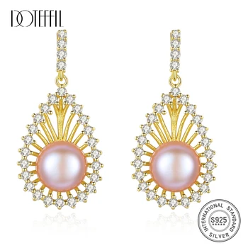 

DOTEFFIL 925 Silver Pearl Earrings For Women Earring AAA Zircon Inlay Genuine Natural Freshwater Pearl Noble Jewelry Female Gift