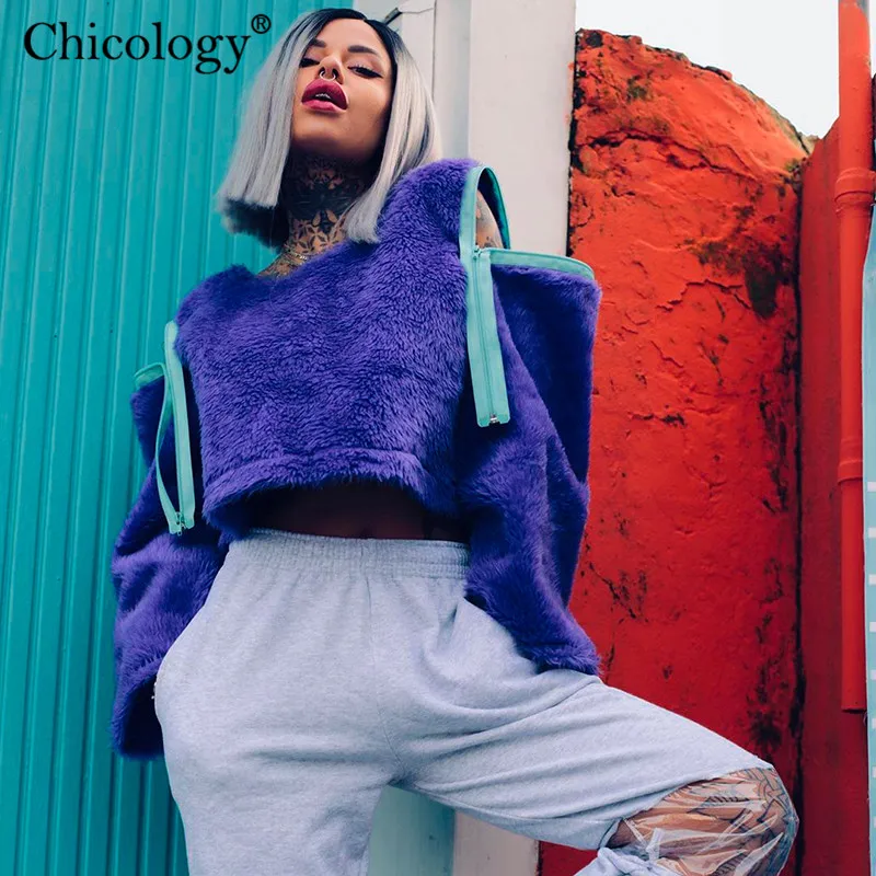  Chicology zipper velvet patchwork sleeve kpop sweatshirt 2019 autumn winter women crop top streetwe