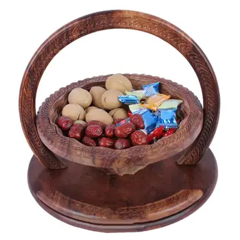 

Chic Carved Solid Walnut Wood Fruit Snack Basket Elegant Handcraft Creatived Portable Food Storage Bowl Pakistan Wood Basket 1