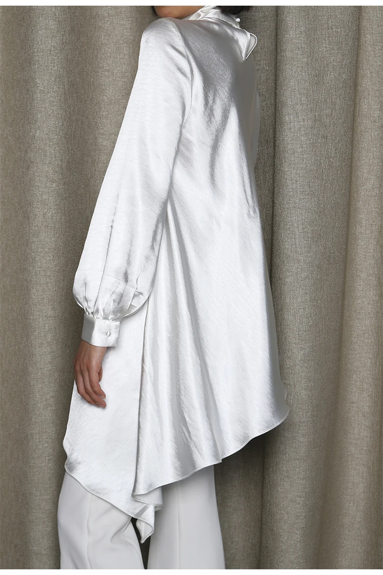 Элегантная Серебристая белая атласная Асимметричная рубашка с галстуком-бабочкой облегающая блузка с рукавами-фонариками шифоновая драпированная рубашка-кафтан с бантом