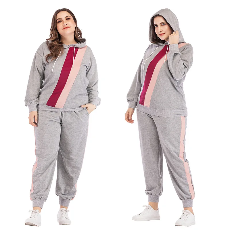 Plus Size Women Casual Set Cotton With Siamese Cap Long Trousers Sweatshirt Sets Loose Solid Grey Womens Sports Two Piece Sets