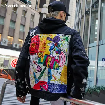 

Men Streetwear Graffiti Appliques Printed Jeans Jacket Loose Hip Hop Cotton Relaxed Fashion Trend