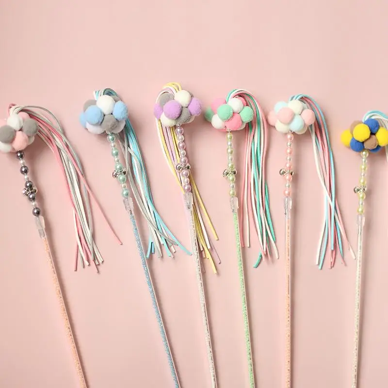 

1PCS High Quality Cat Teaser Wand Beaded Cat Interactive Toy Cat Tassel Wand with Pompom Bell Cat Interactive Tools Pet Supplies
