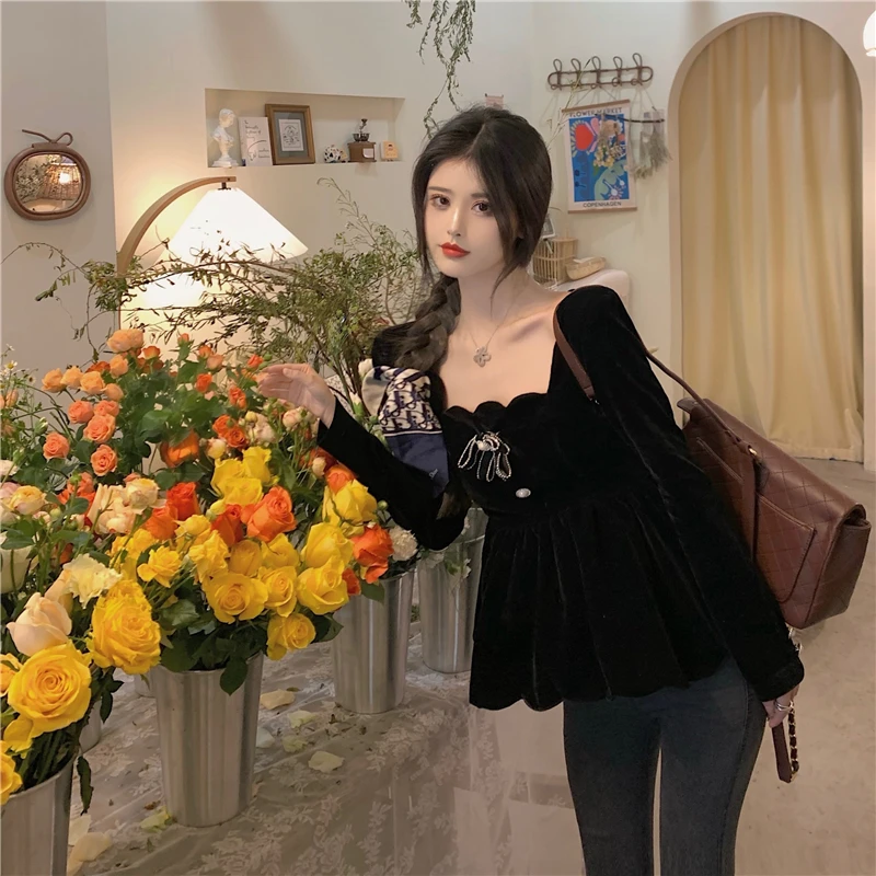 OCEANLOVE Black Blusas Mujer Solid Square Neck Retro 2021 Spring Women Tops and Blouses Velvet Korean Shirts Elegant 19491 ladies shirts