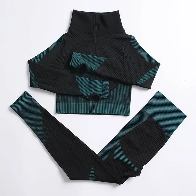 2/3PCS Women's Sportswear Seamless Yoga Set Workout Gym Clothing Fitness Long Sleeve Crop Top High Waist Leggings Sports Suits Style 2 Dark Green