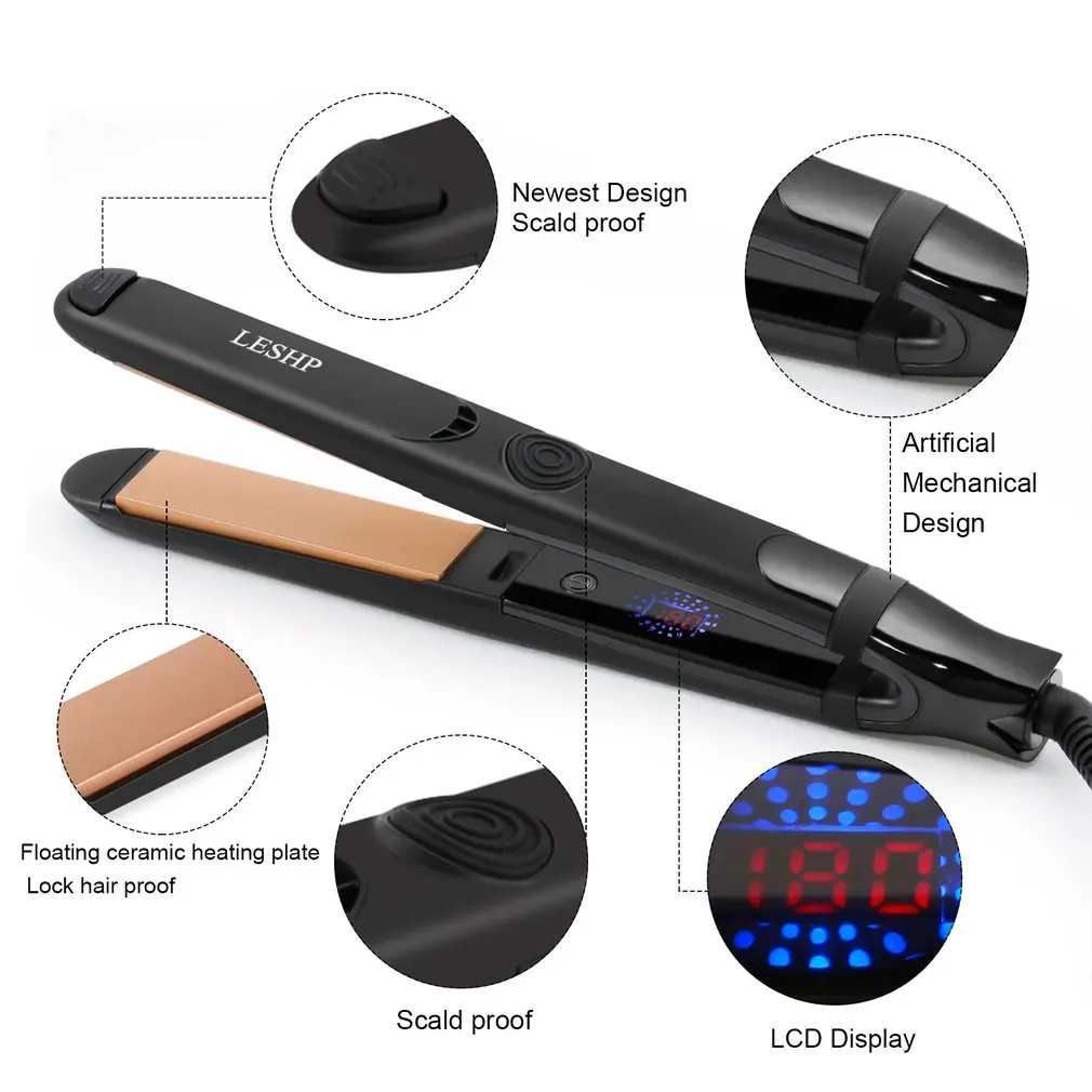 

Hair Straightener Ceramic Heating Plate LED Display PTC Heater Swivel Cord Auto Shut-off Hair Straightener With Front Hand Grip