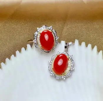 

SHILOVEM 925 STERLING SILVER NATURAL RED CORAL RINGS PENDANTS OPEN FINE JEWELRY SEND NECKLACE GIFT 8*12MM MTZ081299AGSH