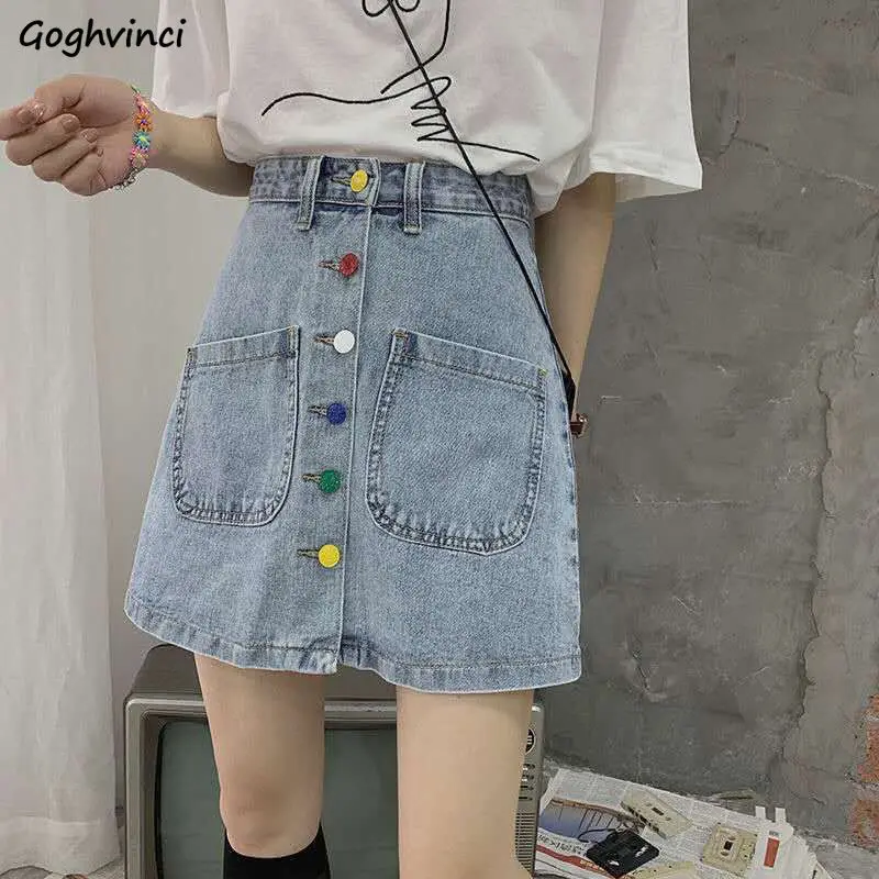 Skirts Women Denim Summer Single-breasted Pockets A-line Vintage Students All-match Fashion Korean Style Half-body Retro Chic Skirts Women Denim Summer Single-breasted Pockets A-line Vintage Students All-match Fashion Korean Style Half-body Retro Chic