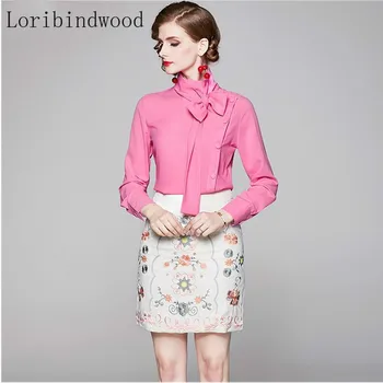 

2020 summer Elegant Solid Pink Bow Shirt Blouse Top + Embroidery Slim Hip Skirt Suit Two Pieces Set