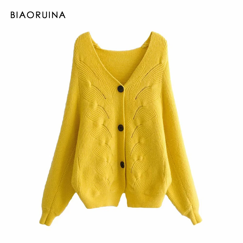 

BIAORUINA 4 Color Women's Korean Style V-neck Hallow Out Jacquard Single Breasted Loose Knitted Cardigans Stretching Sweater