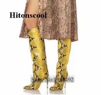 

2020 Women Yellow Snakeskin Knee High Boots Runway Pointed Toe High Heels Boots Matching Nightclub Boot Mujer