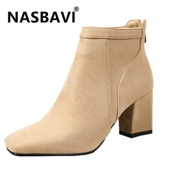 

2019 new High quality nubuck leather Women Ankle Boots For Women Heel Winter Shoes Women Zipper square toe thick heel Boots