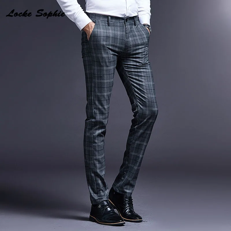 High waist Mens Plus size Pencil pants trousers Autumn cotton blend plaid Splicing suit pants men Skinny business trousers