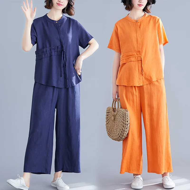 

5392 Photo Shoot Summer Literature And Art Large Size Cotton Linen Loose Casual Flounced Short-sleeved Shirt with Loose Pants Fl
