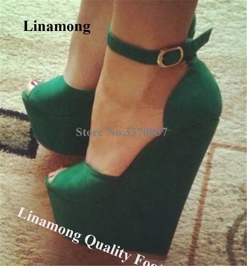 Linamong Super High Wedges Peep Toe Suede Leather Platform Wedge Pumps Ankle Strap Green Height Increased Dress Heel | Обувь