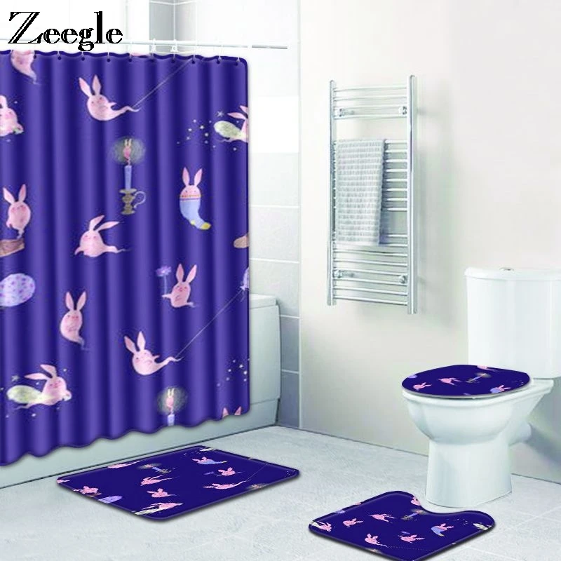 Zeegle Toilet Mat Set Bathroom Non-Slip Pedestal Rug Toilet Lid Seat Cover Bathroom Mat Polyester Shower Curtain 4pcs Toilet Set