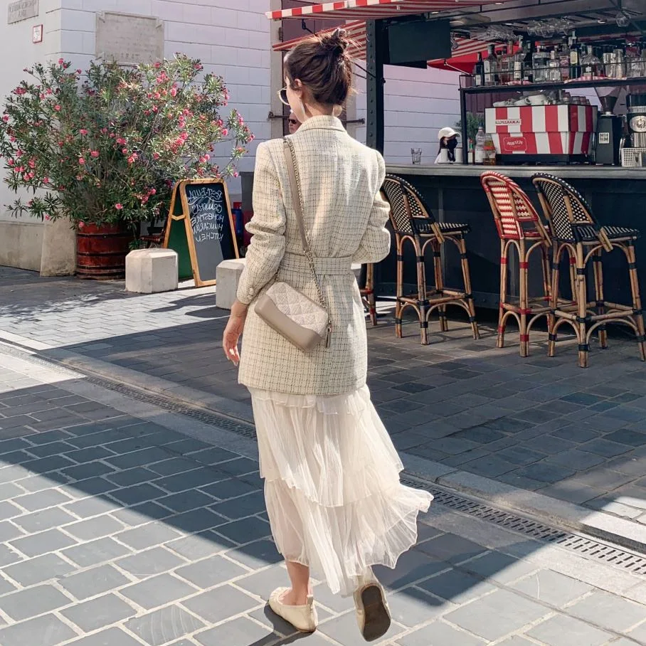 

Photo Shoot Korean-style CHIC Graceful Pearl Clasp Off-white Slim Fit Waist Hugging Lace-up Suit Ol Coat Women's Mid-length