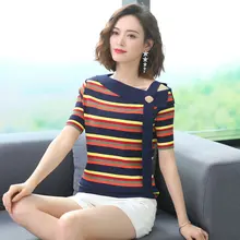 Fashion Women Summer Coloured Horizontal Stripe And Pure Navy Blue Knitted Blouses Female Elegant Irregular Neck Cool Fabric Top Fashion Women Summer Coloured Horizontal Stripe And Pure Navy Blue Knitted Blouses Female Elegant Irregular Neck Cool Fabric Top