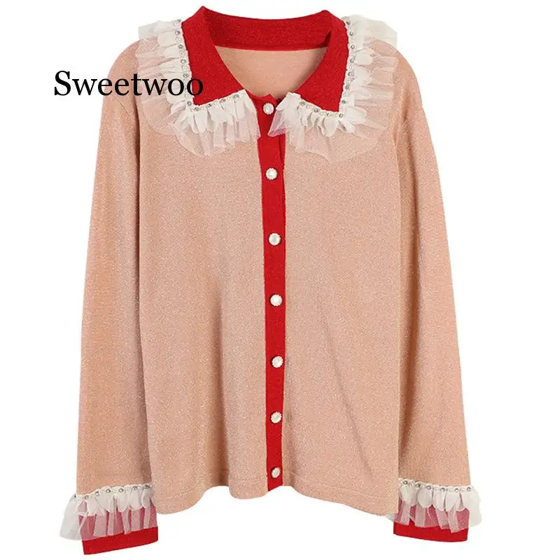 2020 New Spring Autumn Fashion Women Sweater Mesh Stitching Stripes Beads Coat Knitting Thin Fashion Long Sleeves Cardigan 2020 New Spring Autumn Fashion Women Sweater Mesh Stitching Stripes Beads Coat Knitting Thin Fashion Long Sleeves Cardigan