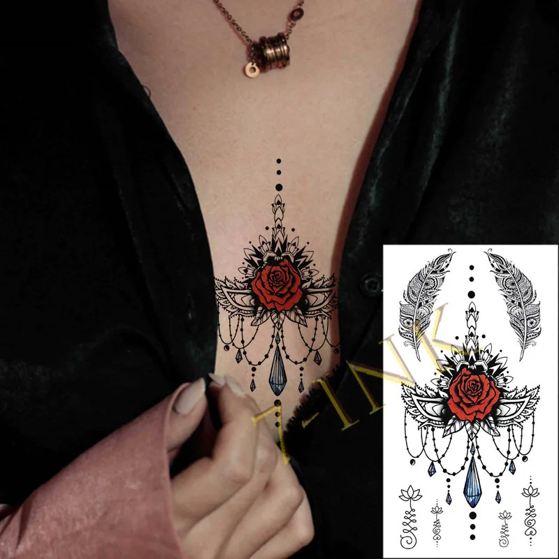 

Waterproof Temporary Tatoo Sticker Rose Dreamcatcher Drop Diamond Lotus Feather Water Transfer Fake Flash Tatto for Men Women