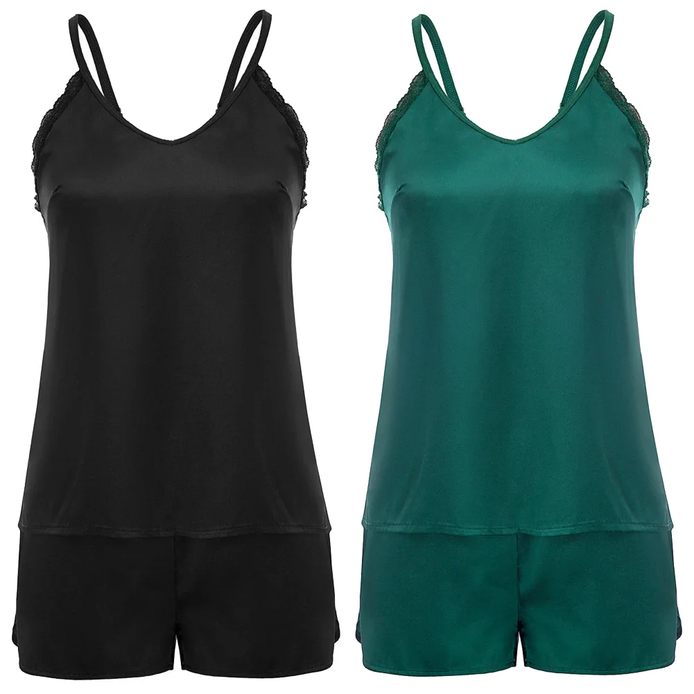 Pajama sets Women summer sexy comfortable ladies Smooth Silk-Like Sleepwear V-Neck Cami Tops+Shorts Nightie