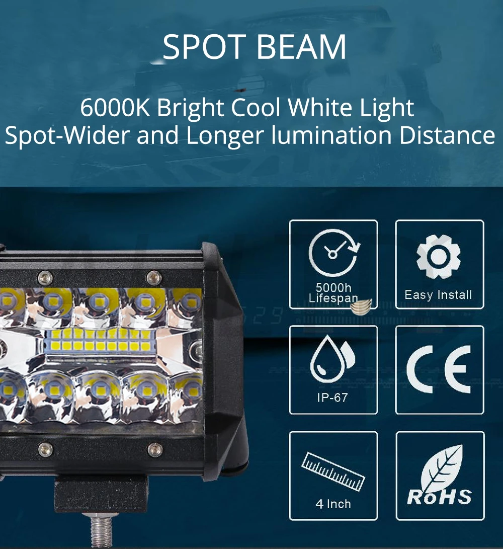 4in Автомобильный светодиодный 60 Вт 6000K рабочий светильник бар дальнего света для бездорожья лодок траков тракторов 4x4 внедорожник светильник 12V 24V головной светильник для ATV светодиодный