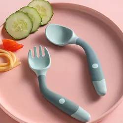 Soft Silicone Fork+ Spoon Infant Children Tableware for Baby Utensils Set Food Toddler Learn To Eat Training Bendable Feeding