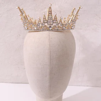

European Style Full Round Rhinestone Tiaras and Crowns Crystal Pearls Headbands for Women Girls Bride Noiva Wedding Hair Jewelry