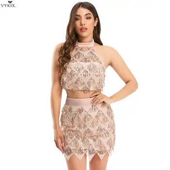 

Summer Women Set Dresses Halter Tops + Skirts Suits Sexy Two Piece Skirt Set Night Party Tracksuits Sequined Tassel Streetwear