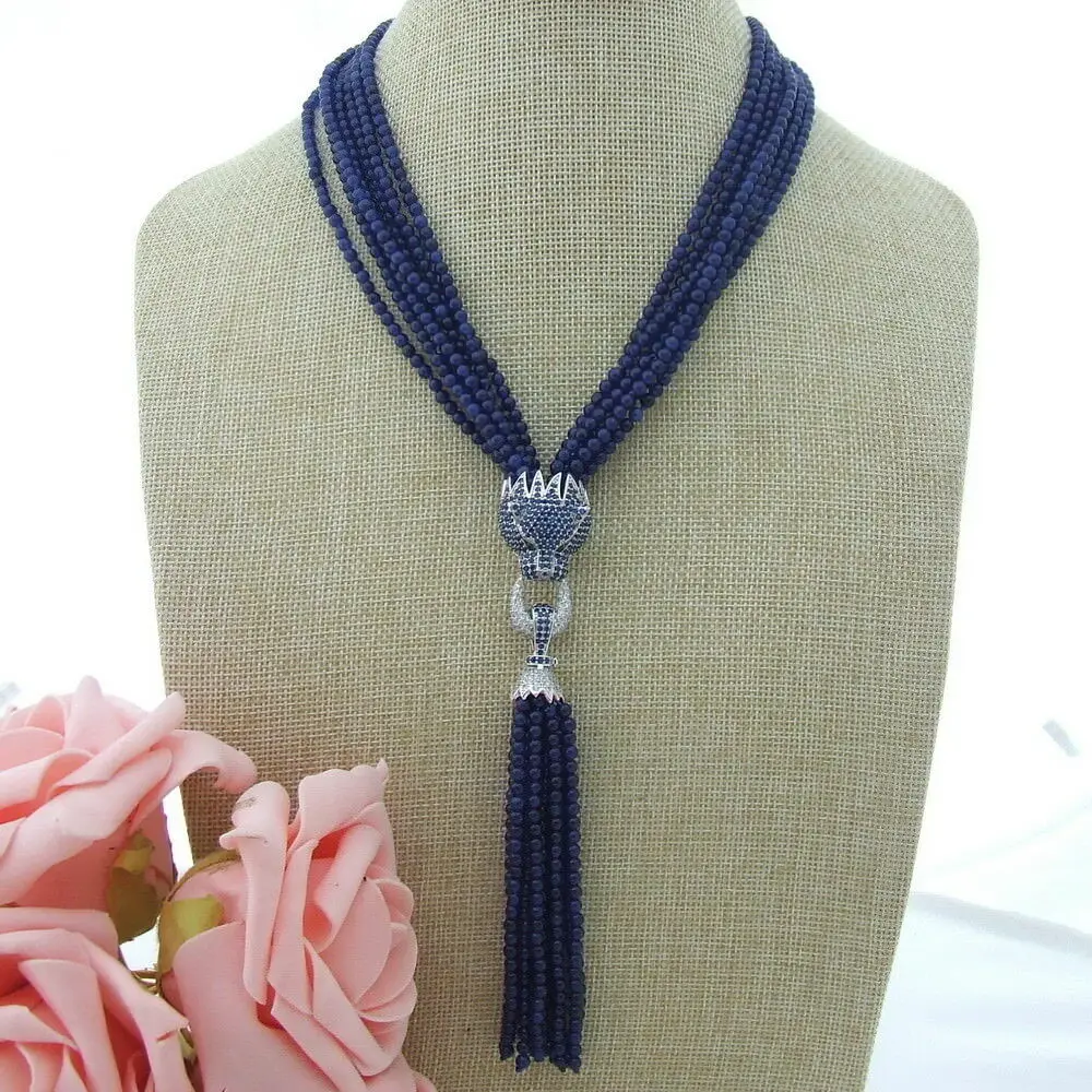 

18" 7 Strands Blue Gems Stone Necklace CZ Pendant
