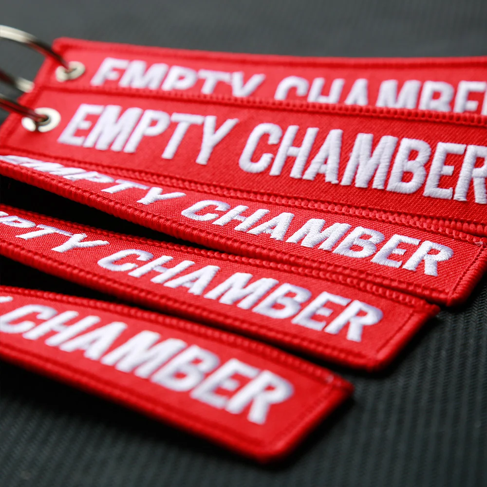6pcs Empty Chamber Keychain REMOVE BEFORE PEW PEW Double Side Embroidered Key Fobs Hook Loop Key Chain for Aviation Tag Gun Safe