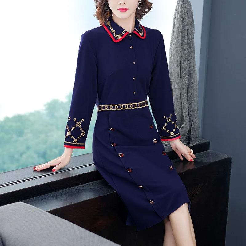 

Peter Pan Collar Embroidery Dress WOMEN'S Dress 2019 Spring New Style French Retro Fashion Slim Fit Medium-length Dress