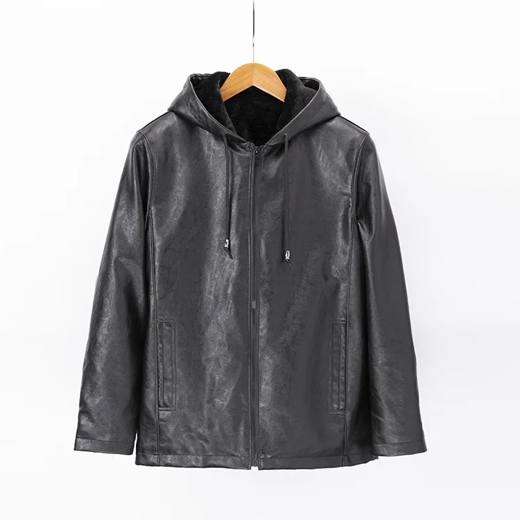 

Men Winter Jacket Long Sleeve Hooded Casual Oversized Fleece Jacket PU Leather Boys Clothing Black Coat Male 4xl 5xl Windbreaker