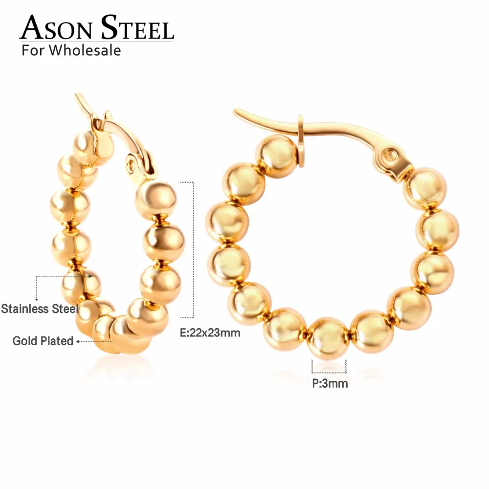 gold ASON стали новые массивные золотые/серебряные шарики из бисера серьги-кольца женские Bijoux нержавеющая сталь круглая серьга круга ювелирные изделия рок - Окраска металла: gold